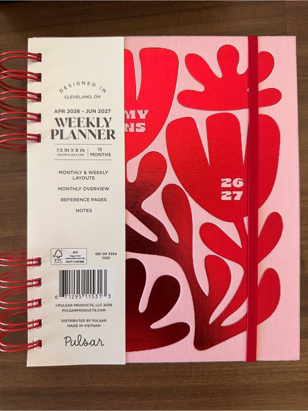 Pulsar Planner with Pink Background and Red Abstract Floral